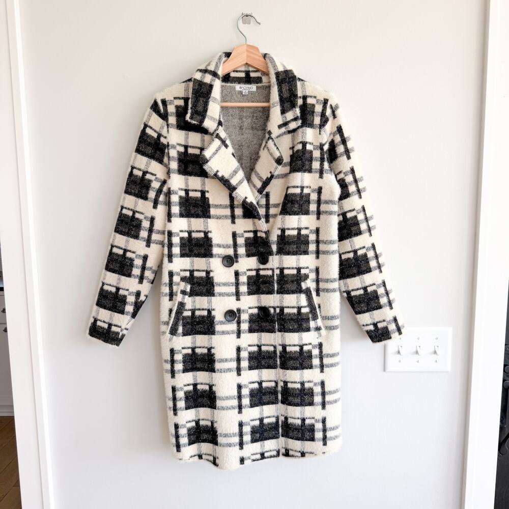 Baciano Plaid Pattern Double-Breasted Mid-Length Teddy Boucle Coat Black White M